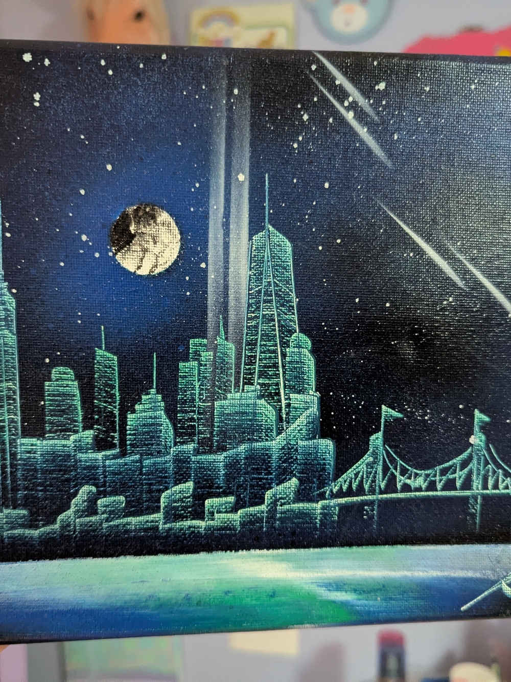 Hand-Painted Teal Cityscape Canvas Wall Art NYC Skyline